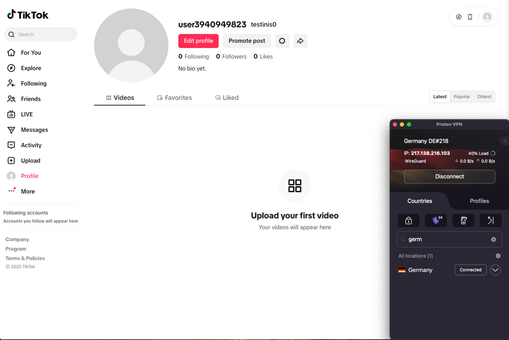 TikTok accessed with Proton VPN