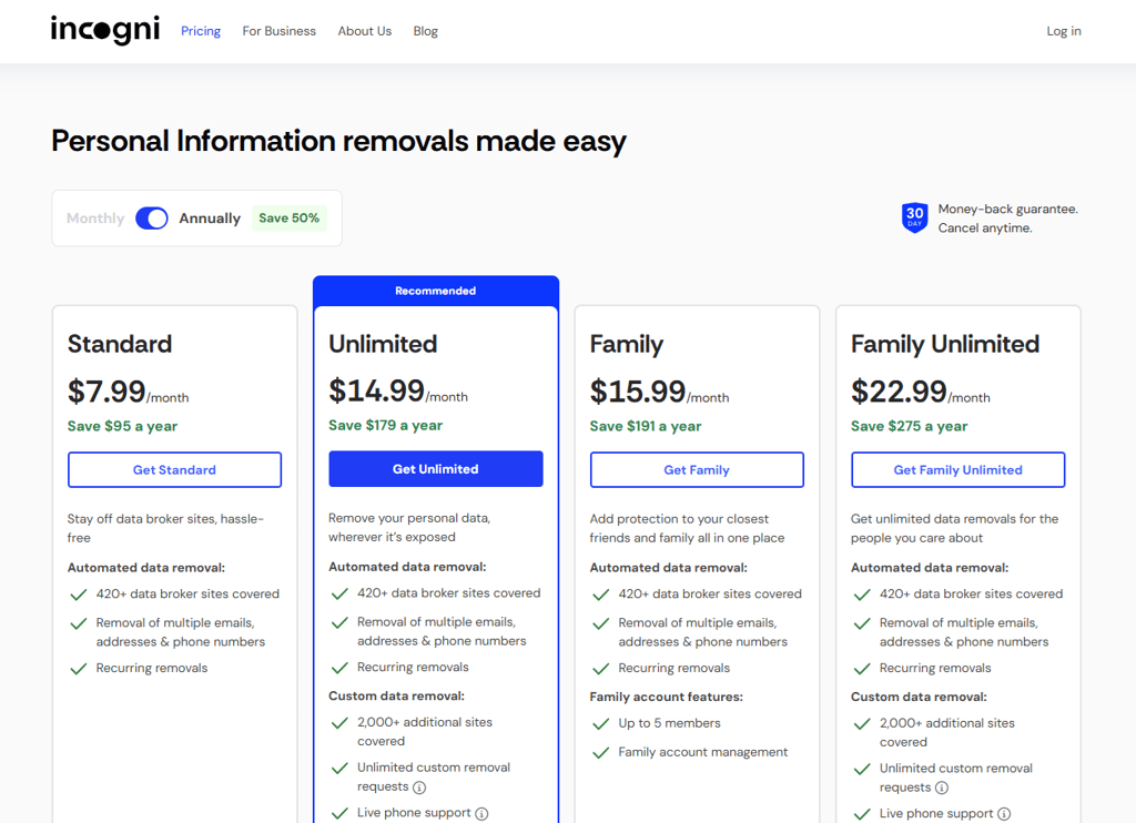 Incogni's four data removal service pricing plans