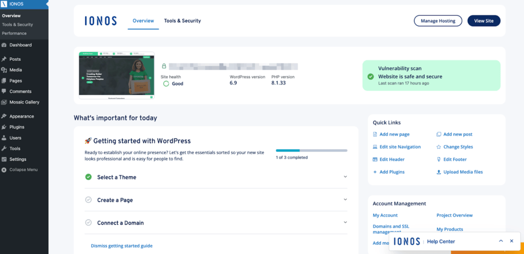 IONOS WordPress dashboard