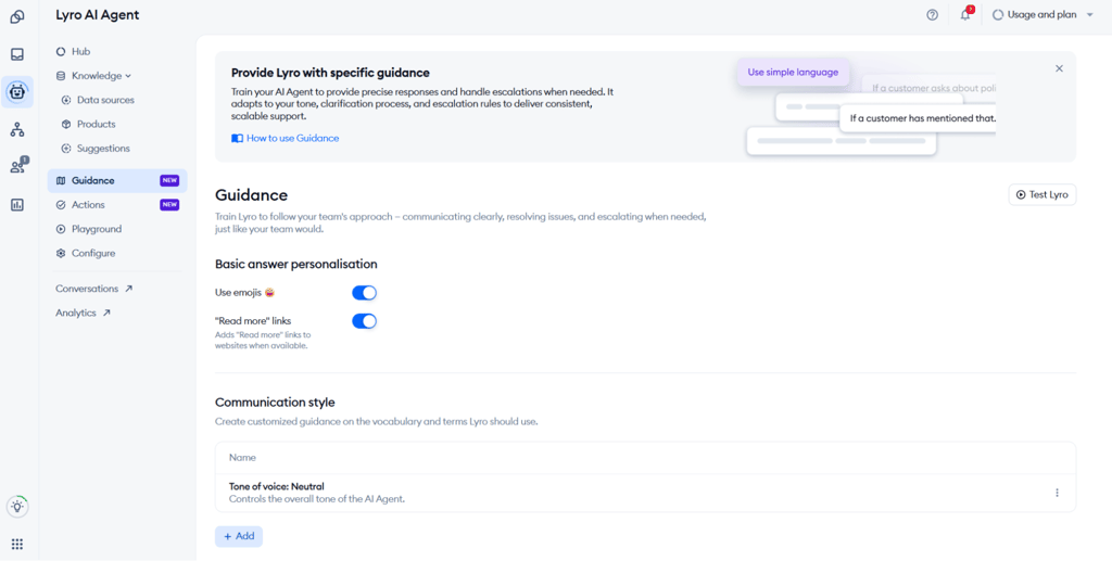 Lyro AI Agent dashboard