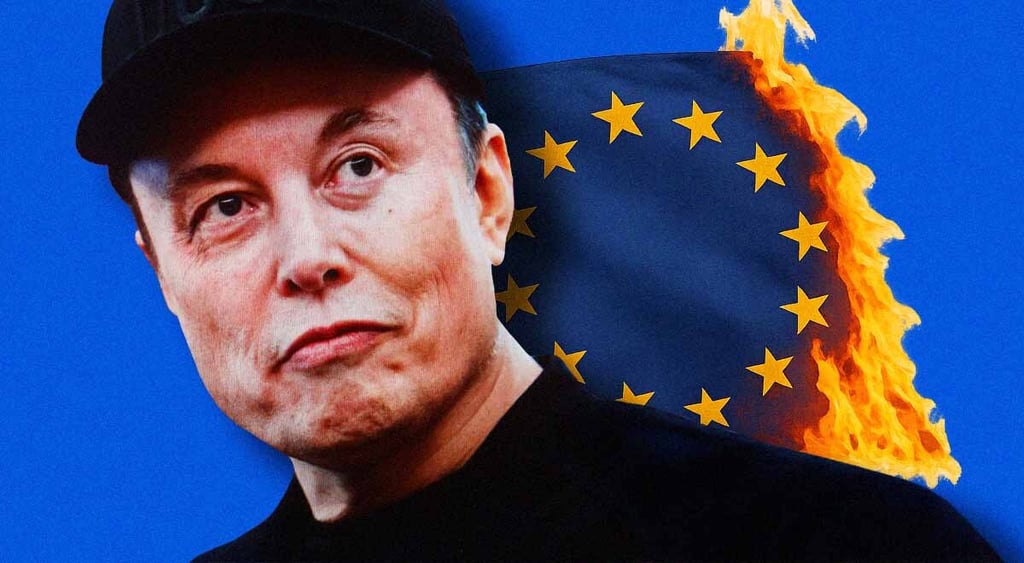 Elon Musk and burning European Union flag behind him