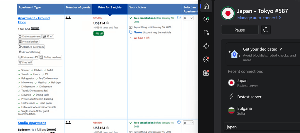 Booking prices when connected from Japan using NordVPN