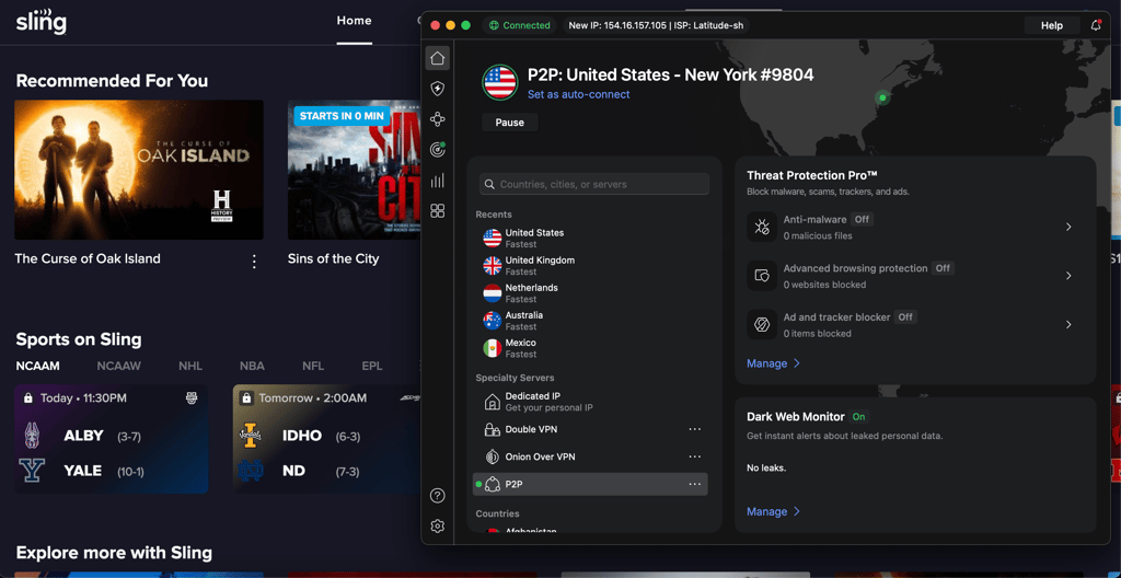 NordVPN unblocking Sling with its US servers