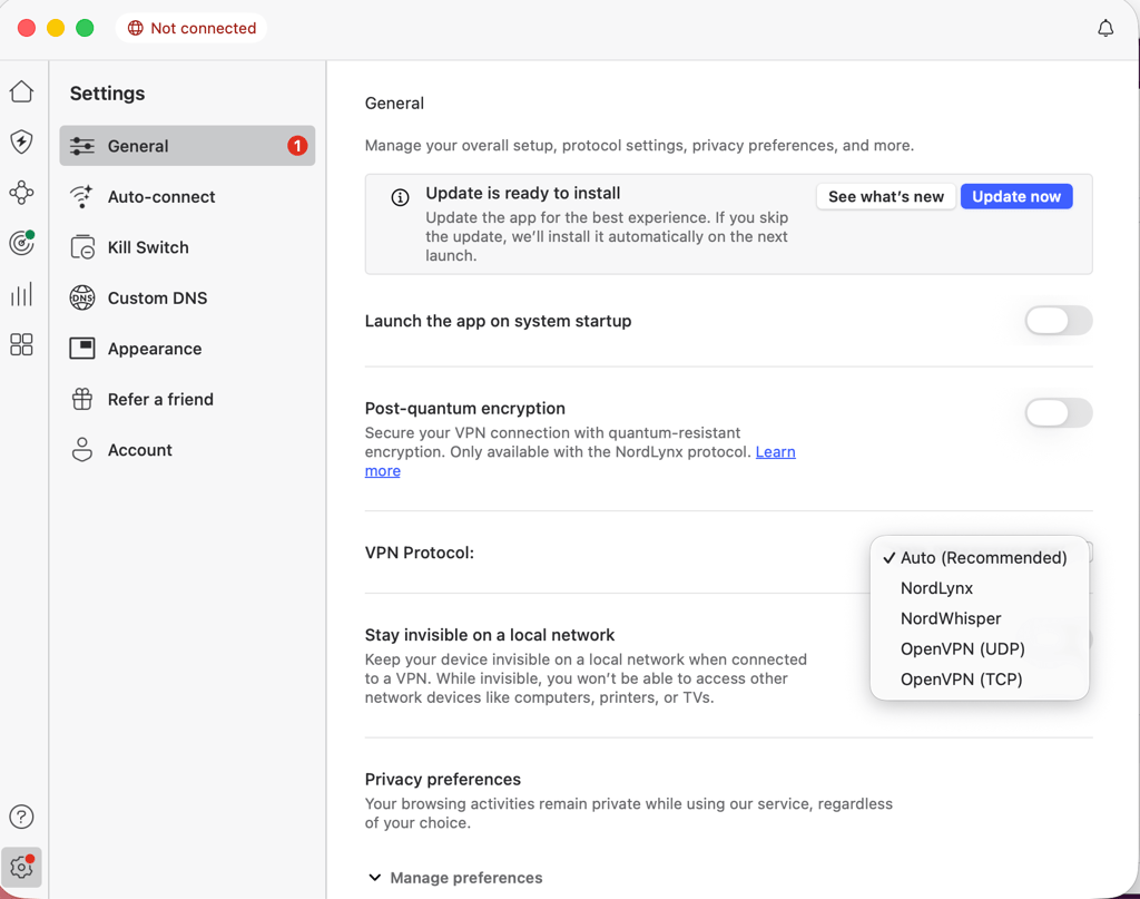NordVPN VPN protocol settings