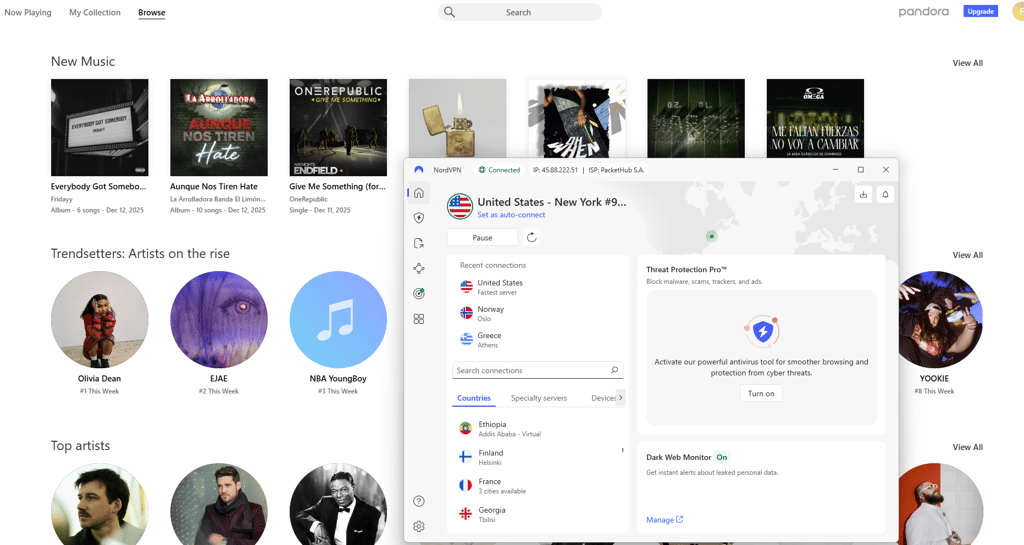Pandora Radio unblocked with NordVPN