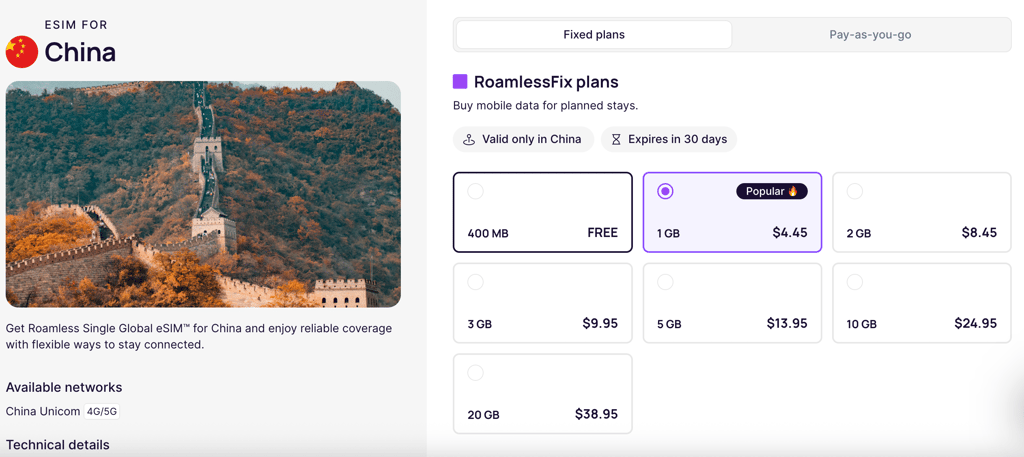 Fixed plans for China from Roamless eSIM December 2025