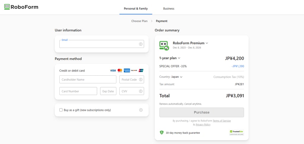 roboform checkout purchase JP