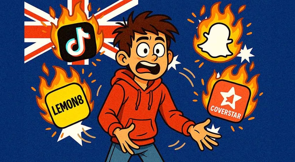 A cartoon teen juggling balls of fire, represented by Instagram and other social icons.