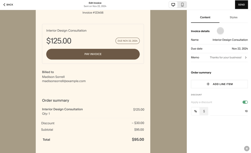 Squarespace's invoicing feature