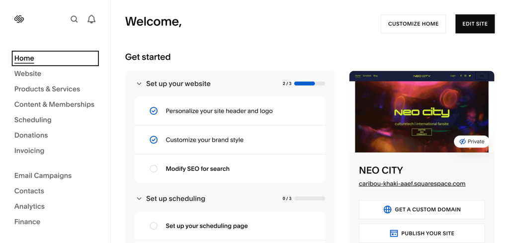 Squarespace editor side menu