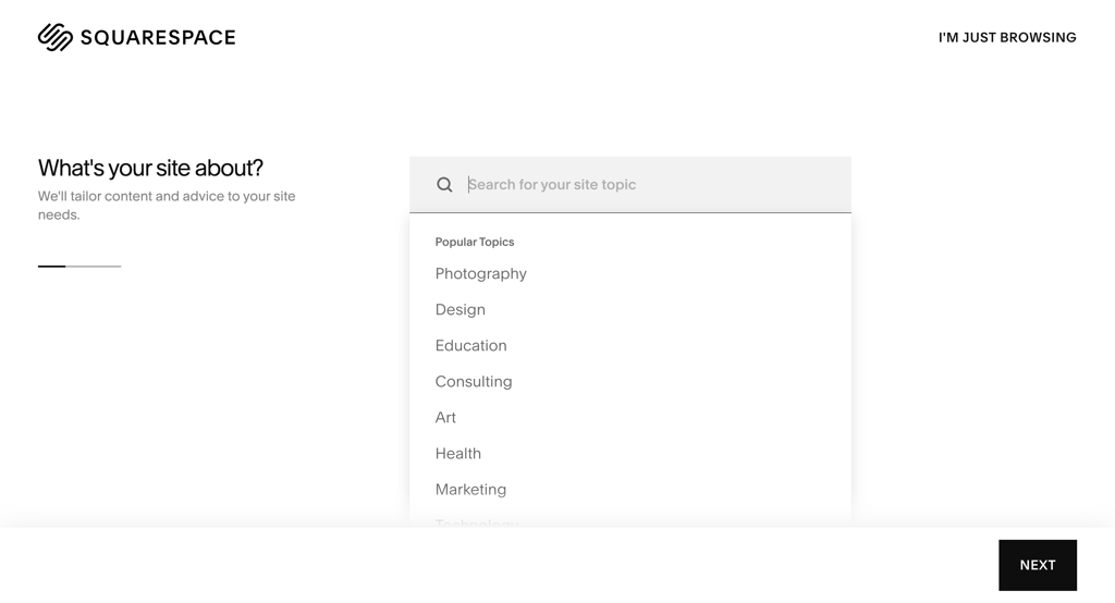 Squarespace starting page