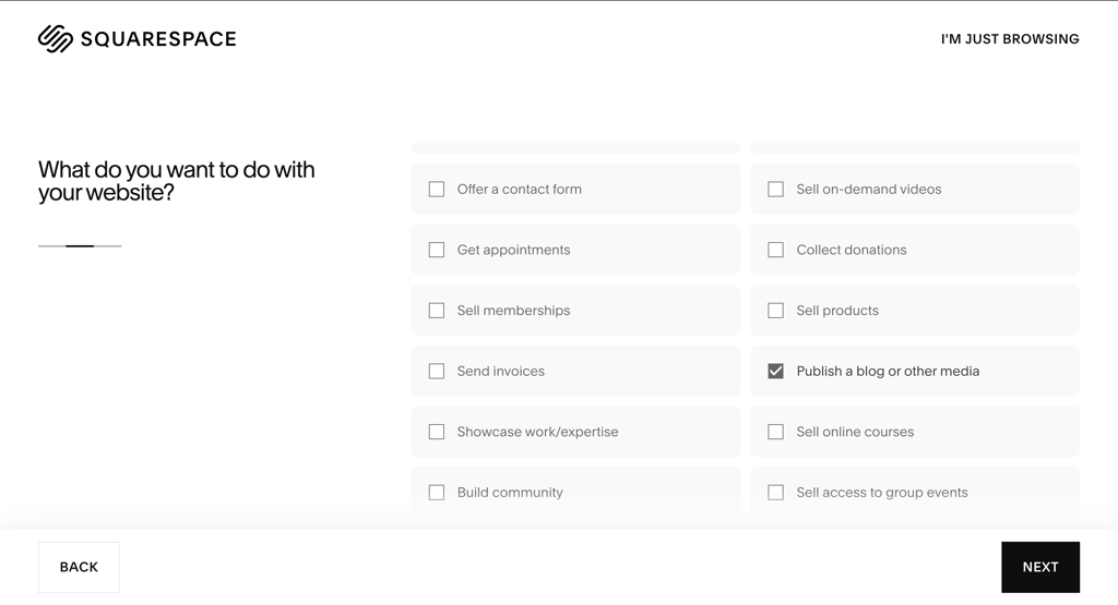 Squarespace starting page