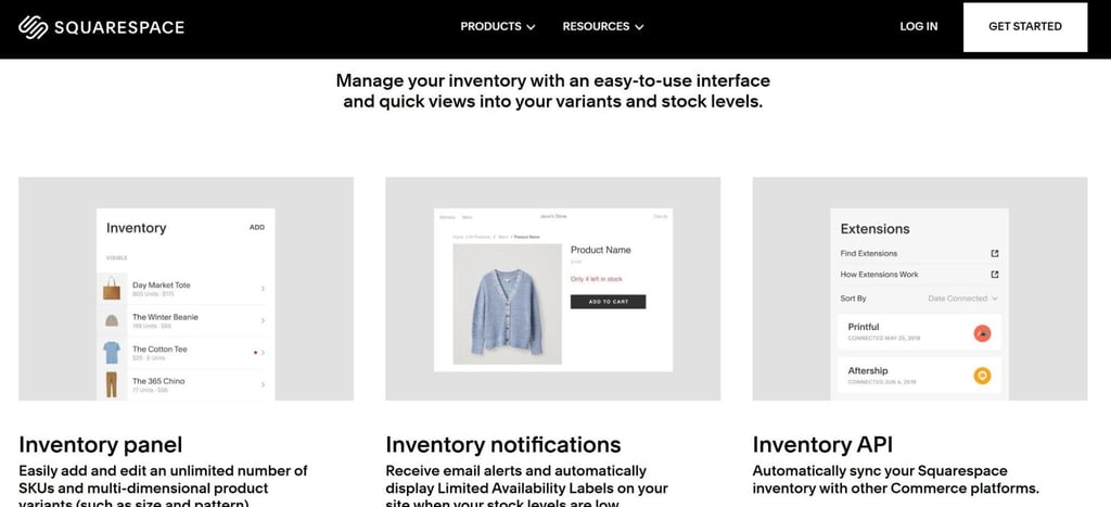 Squarespace official website: inventory eCommerce features