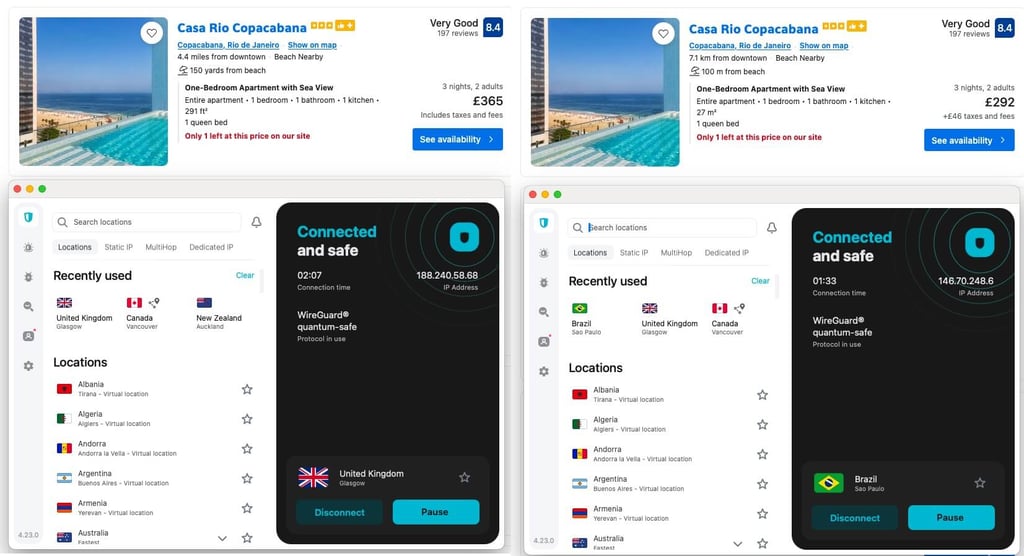 Hotel price changes while connected to Surfshark