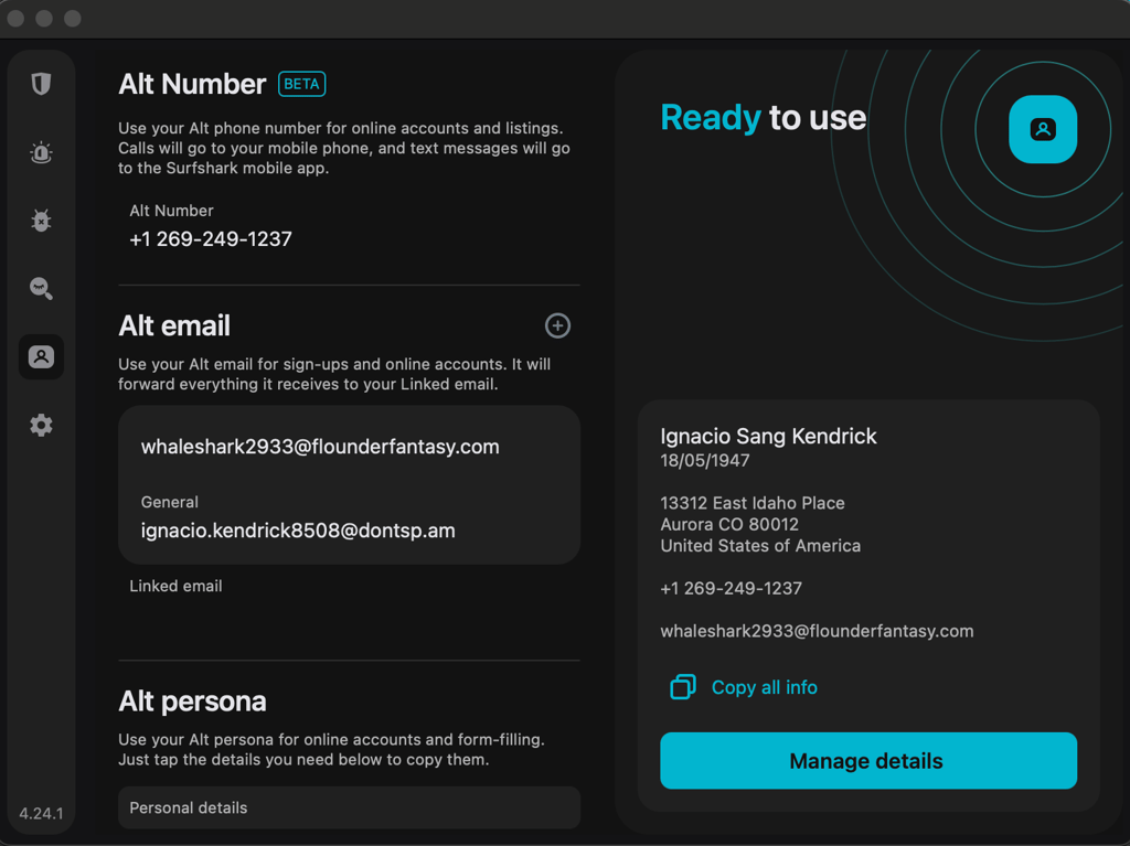 Surfshark’s Alternative ID tools panel