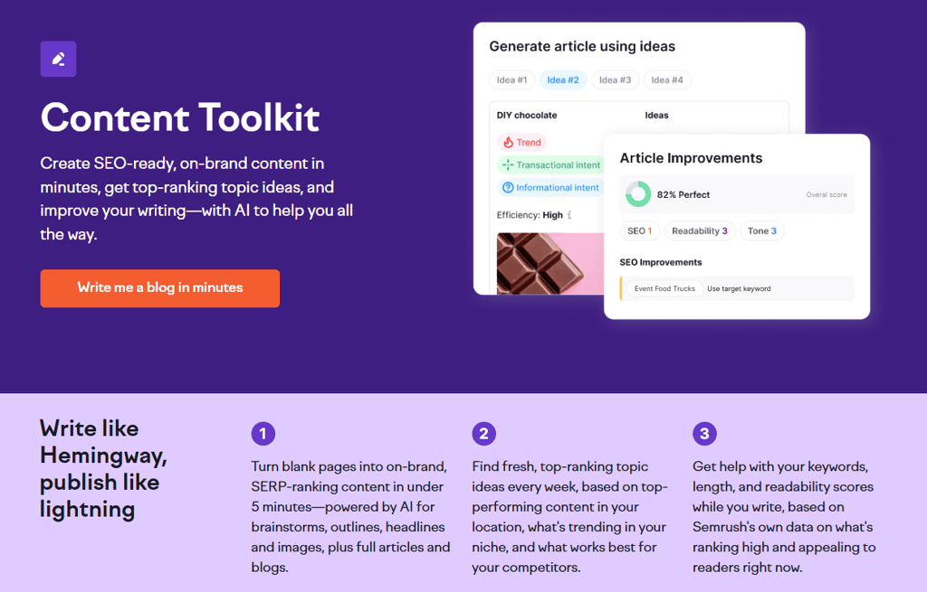 Semrush's dedicated Content Toolkit for topic ideas and SEO brief generation