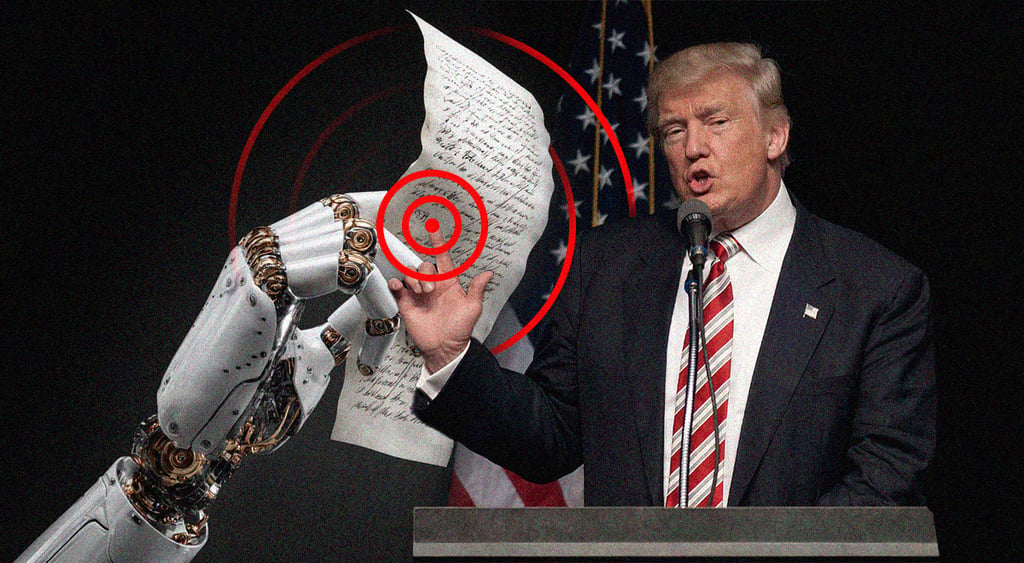 A robot hand holding a piece of paper and Donald Trump
