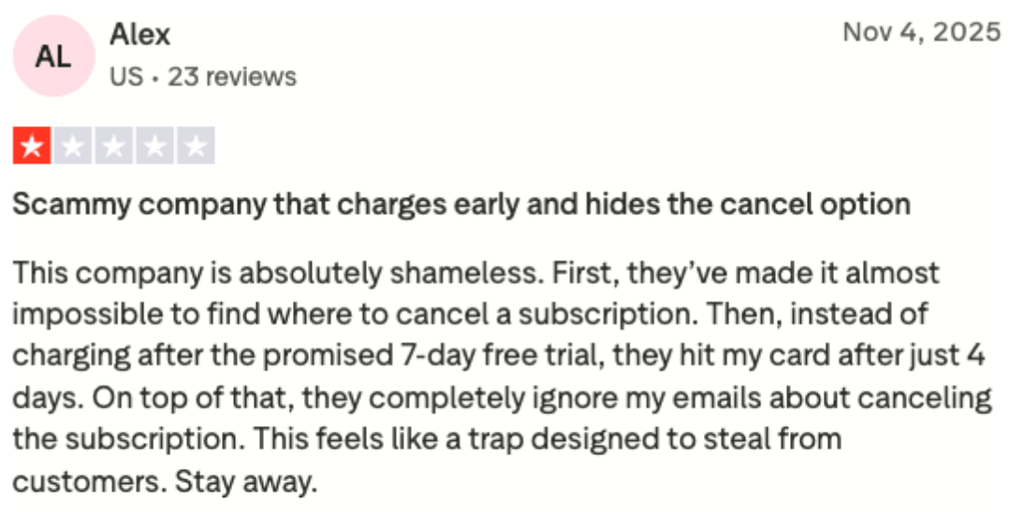 Hailuo AI user review on Trustpilot