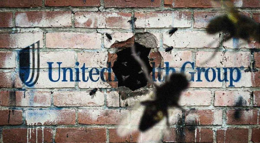 united health group logo with hole and files coming from it, brick wall, white paint