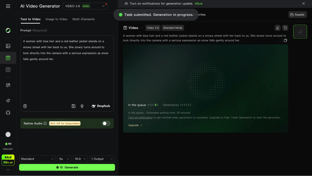 Kling AI’s free text-to-video generation queue