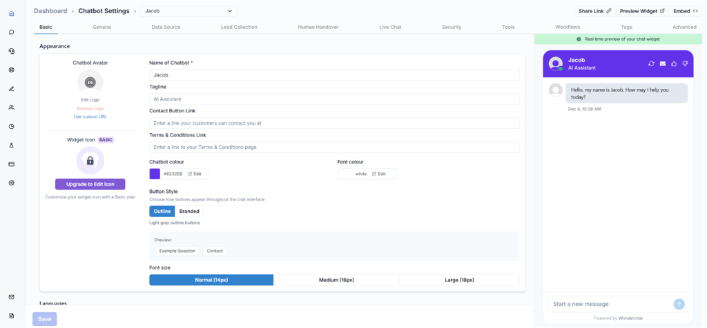 Wonderchat chatbot settings screen