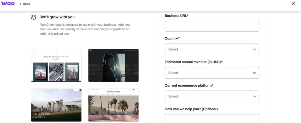 WooCommerce official website: sign-up page with template examples