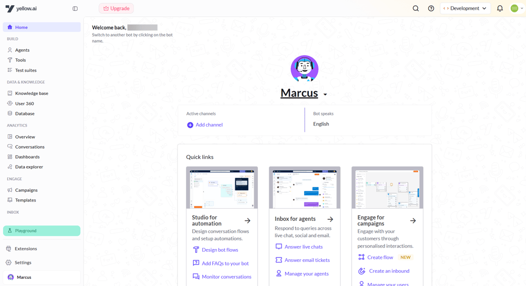 The dashboard of Yellow.ai