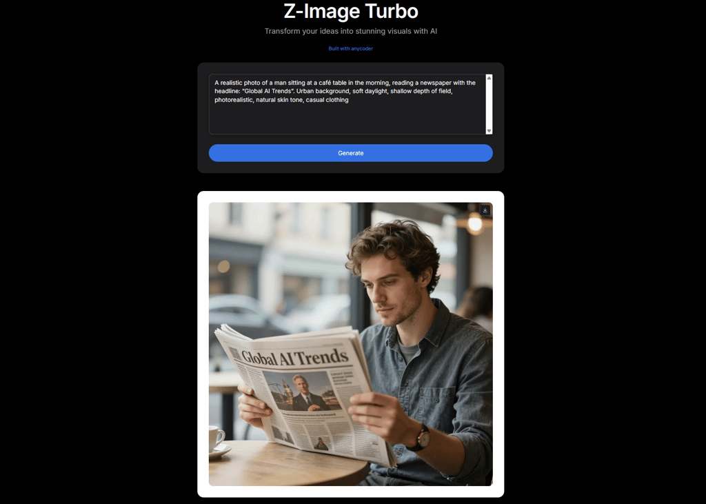On the second attempt, Z‑Image correctly rendered the headline “Global AI Trends” on the newspaper