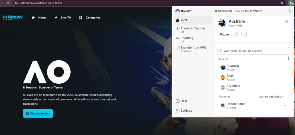 9now available while connected to nordvpn australia