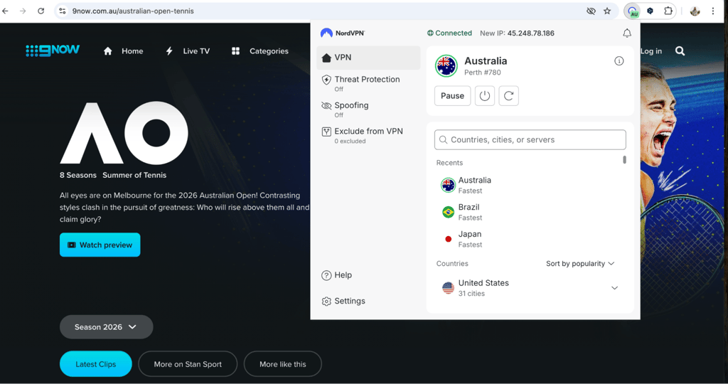 9Now connected to NordVPN Australia
