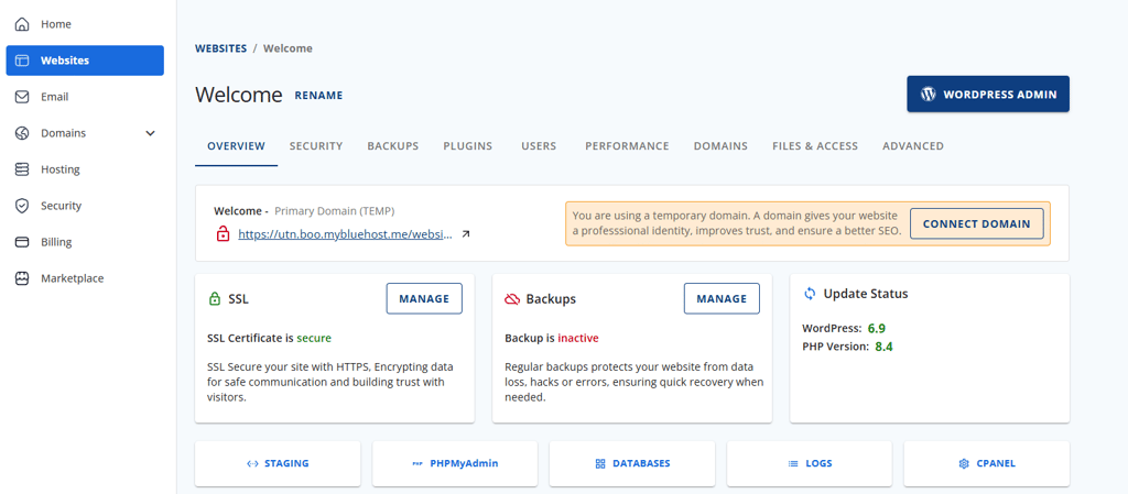 Bluehost dashboard website