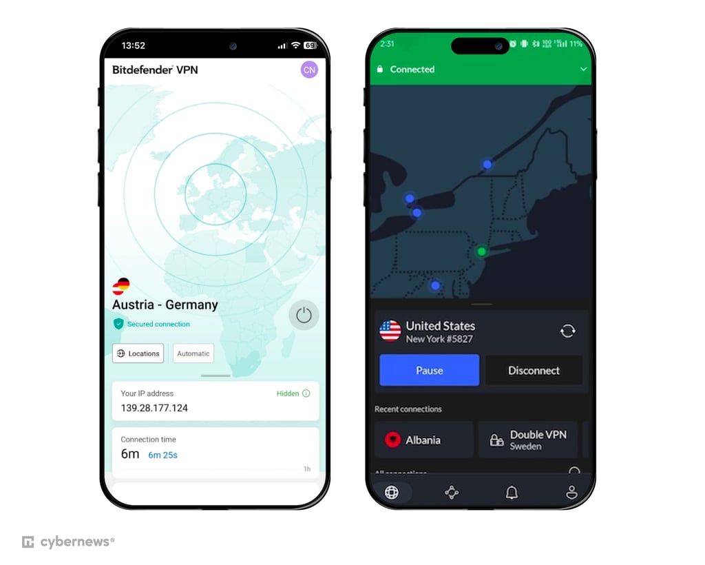 Bitdefender VPN’s and NordVPN’s Android interfaces