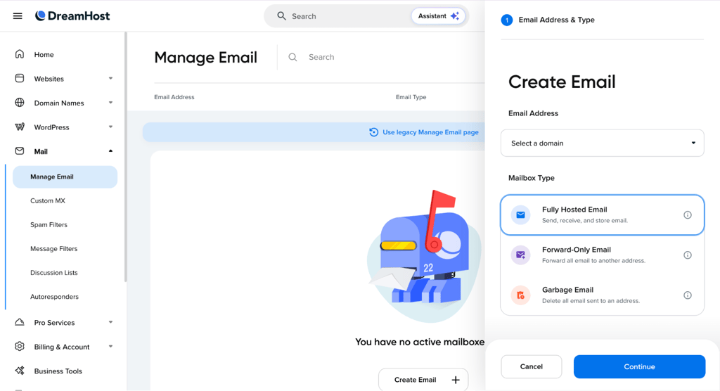 DreamHost email hosting setup