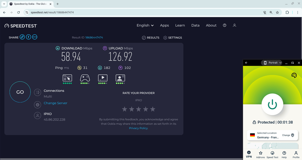 ExpressVPN speed test results on a Germany server