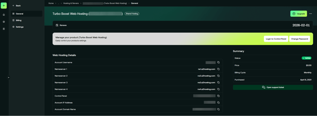 Hosting com account setting menu