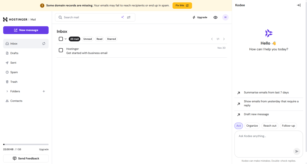 Hostinger business email box