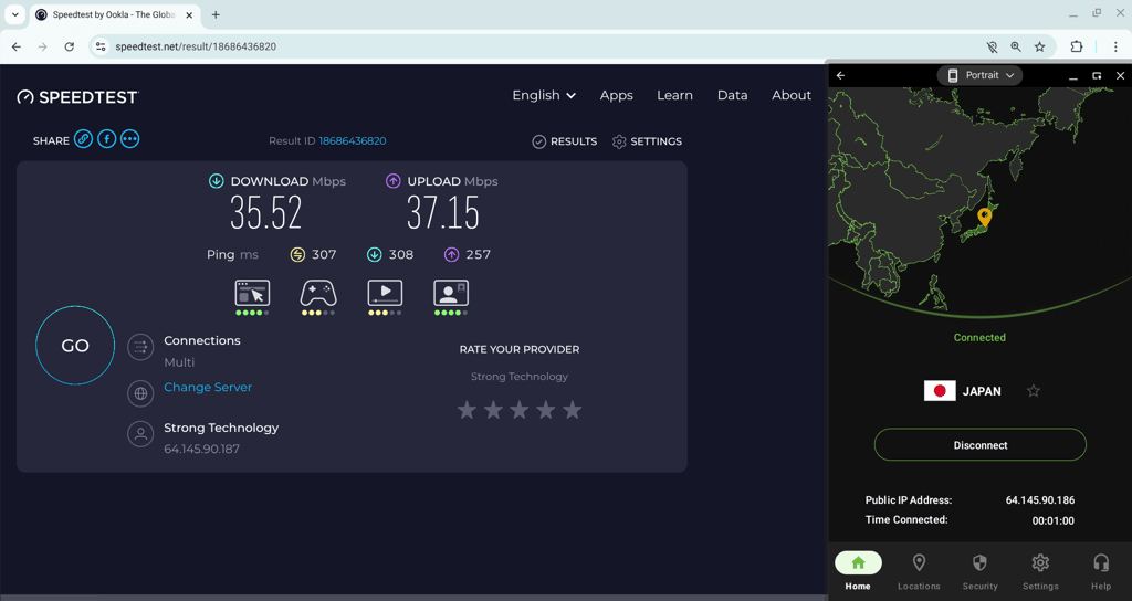 IPVanish speed test results on a Japan server