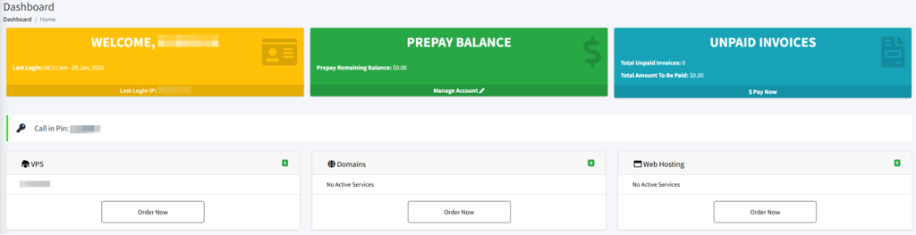 InterServer dashboard interface home