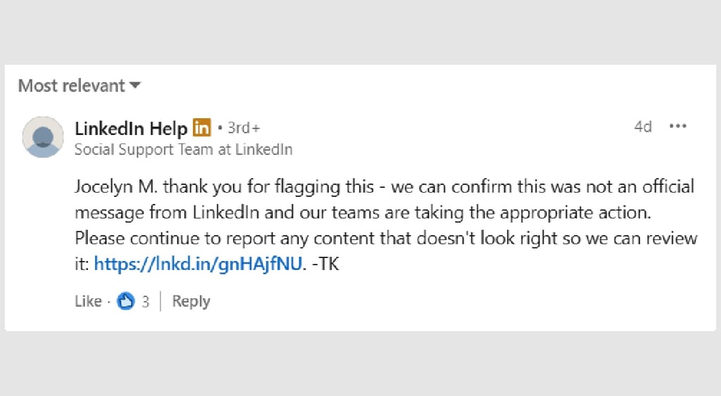 LinkedIn comments phishing response