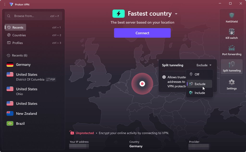 ProtonVPN Split tunneling