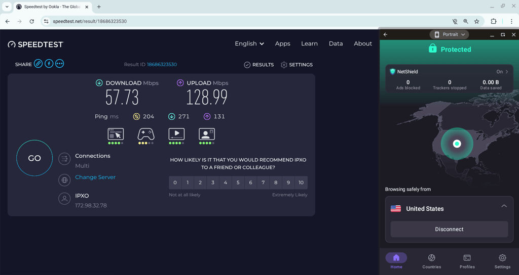 Proton VPN speed test results on a US server