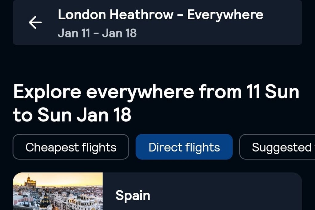 Skyscanner's Everywhere search in action, with multiple flight filtering options below
