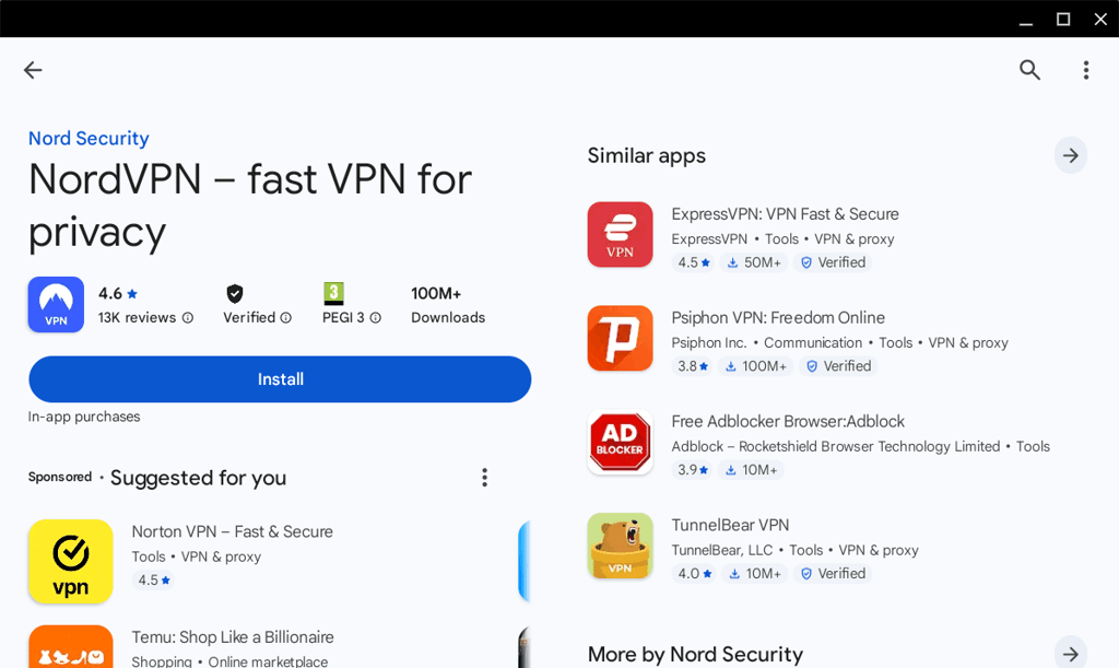 Install NordVPN page open on Play Store