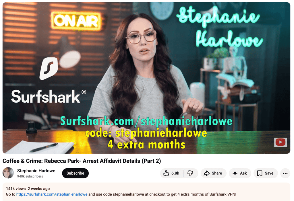 Stephanie Harlowe video with a Surfshark discount link