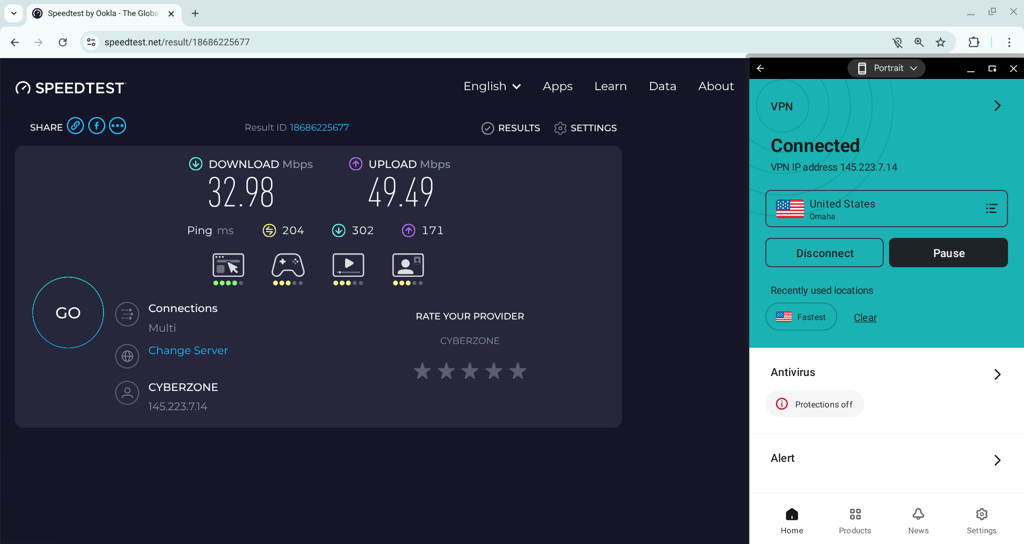 Surfshark VPN speed test results on a US server