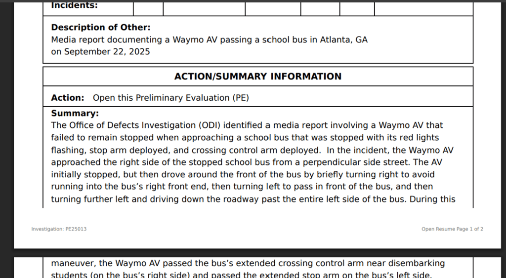NHTSA Waymo school bus investigation