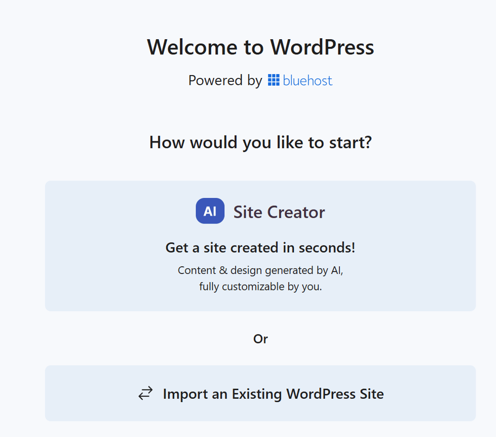 WordPress in Bluehost welcome