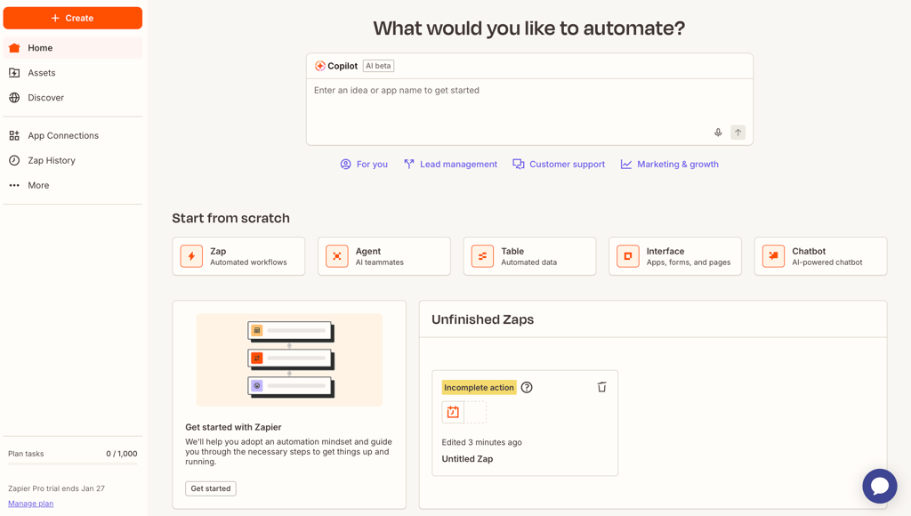 Zapier homepage with one-click tools 
