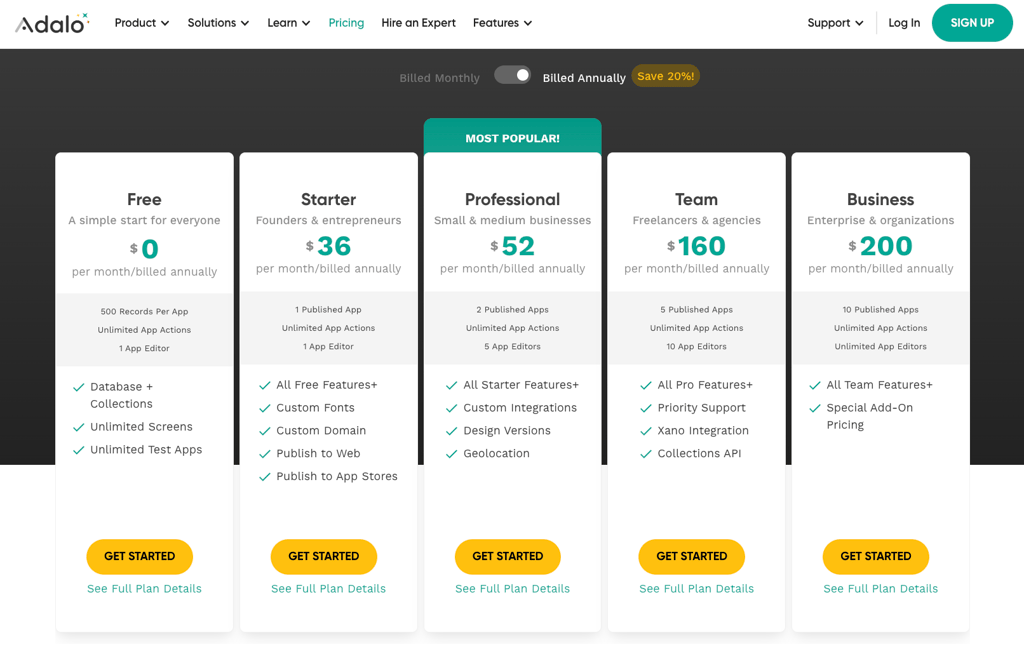 Adalo plans and pricing