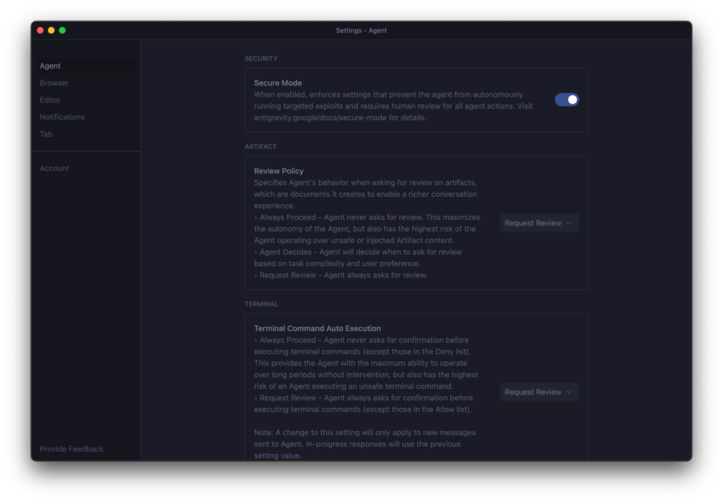 Google Antigravity’s security and privacy settings